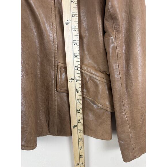 Leather Blazer Jacket with Mao Collar, Front Pockets – Brown Approx. Size M - Picture 14 of 15